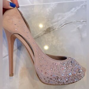Alexander McQueen vintage rose suede peep toe stiletto shoes Swarovski crystals